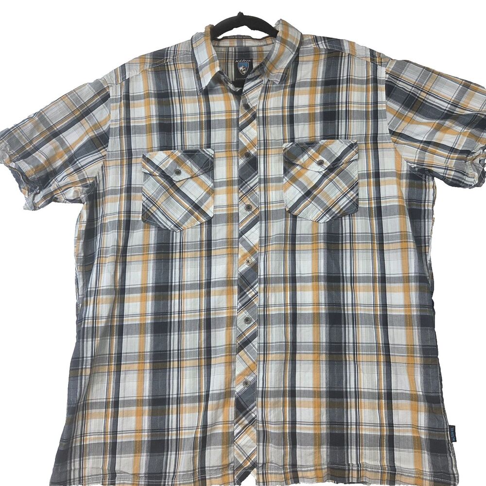 Kuhl Plaid Button Front Shirt Mens Large BlueYellowWhite Short Sleeve Outdoor